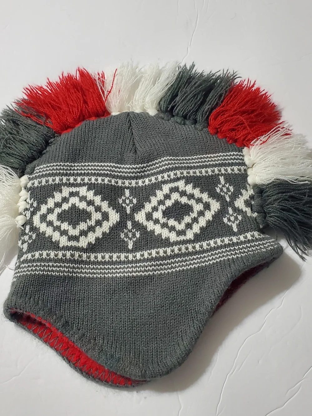 Kids Gray Earflap Knit Hat with Red & White Trim